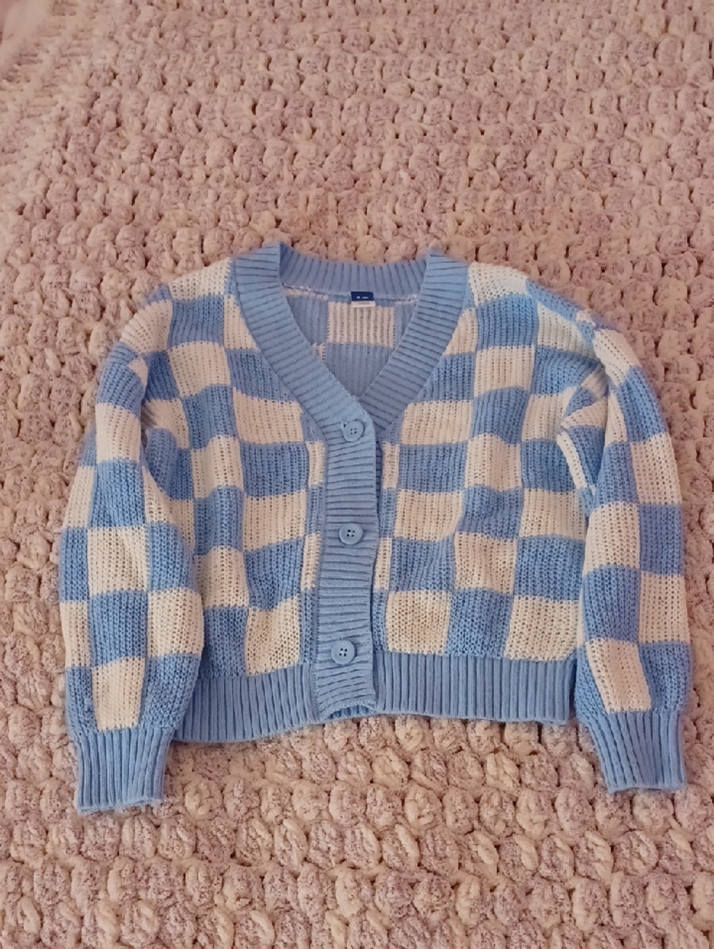 Old Navy Blue and Cream Checkerboard Cropped Cardigan